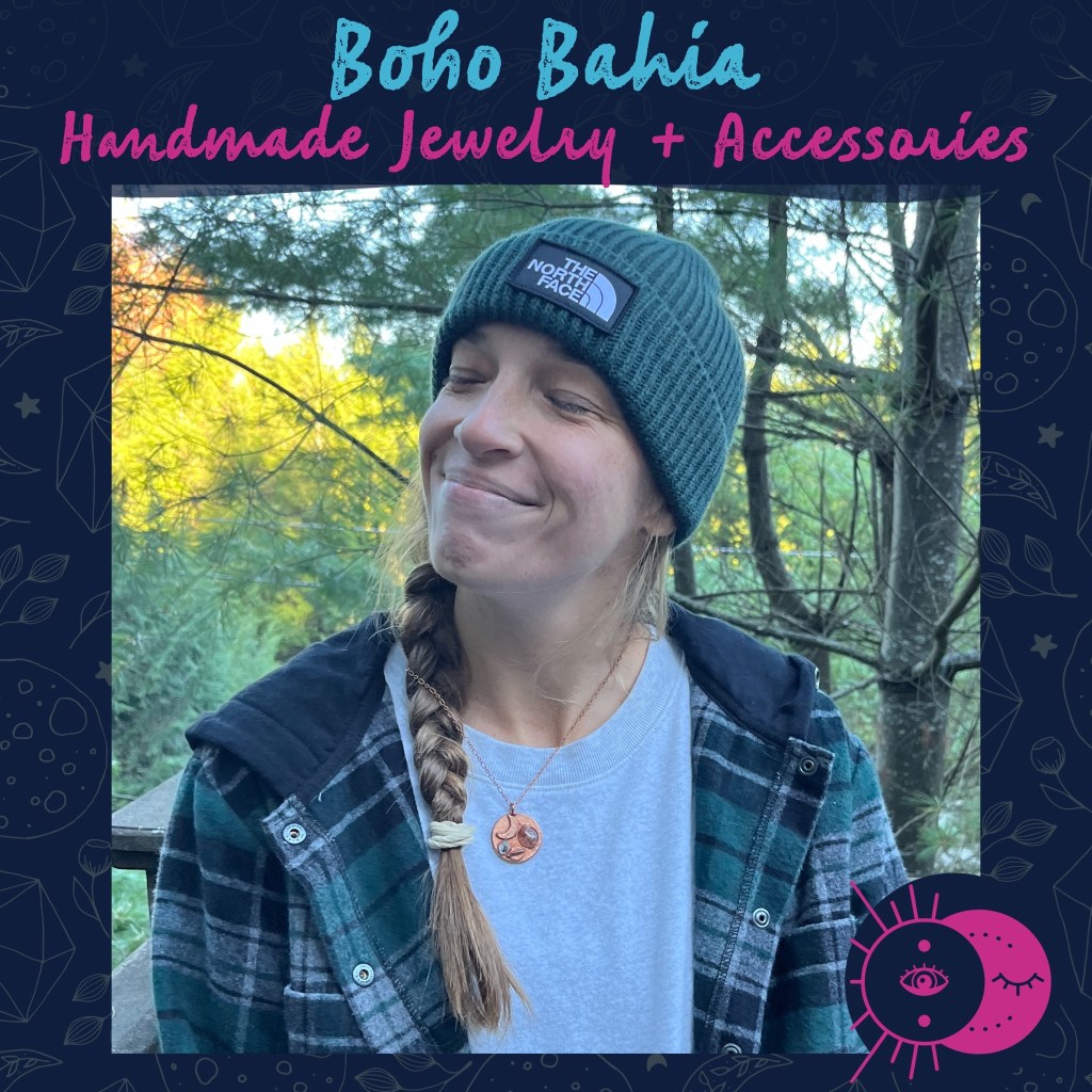 Vermont woman wearing a handmade crystal and copper boho chic necklace.