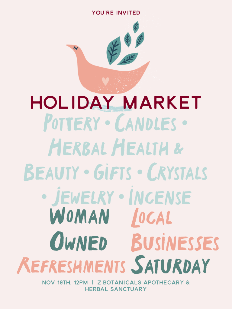 Z botanicals Holiday Artisan Craft Market with healing crystals and handmade jewelry on saturday november 19 2022m at 12pm in Hartland Vermont.
